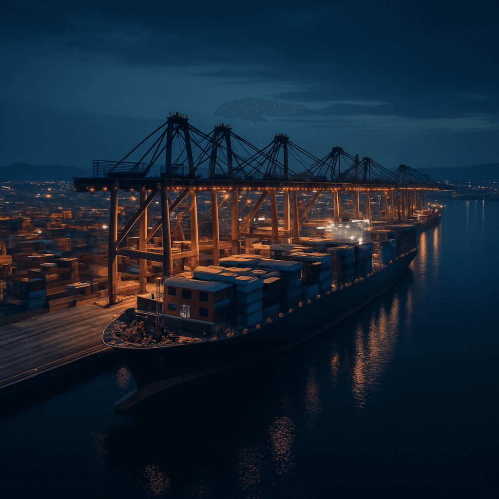 Aerial view of a Japanese shipping port with container ship and cranes at dusk